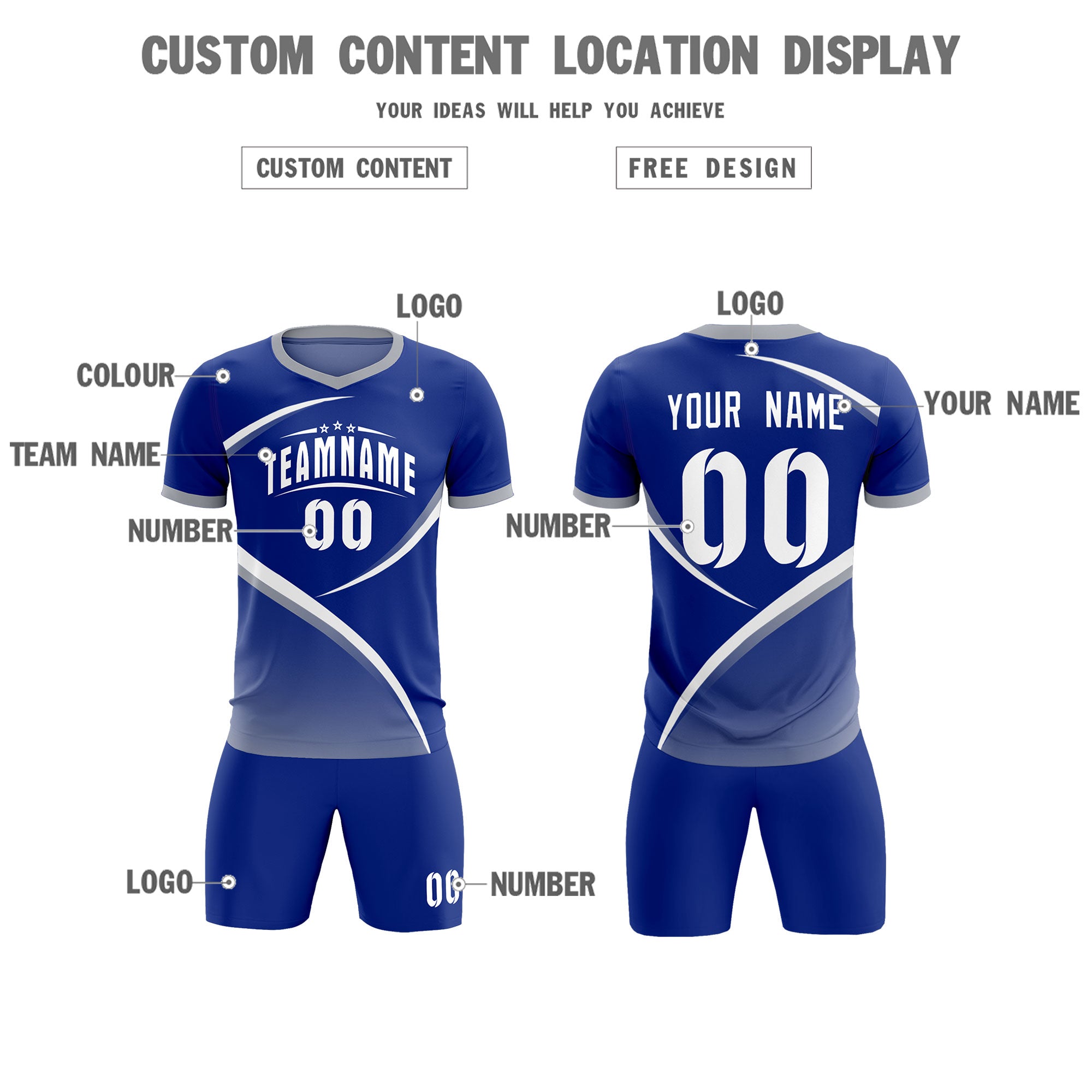 Custom Royal Gray Color Block Training Uniform For Men Soccer Sets Jersey