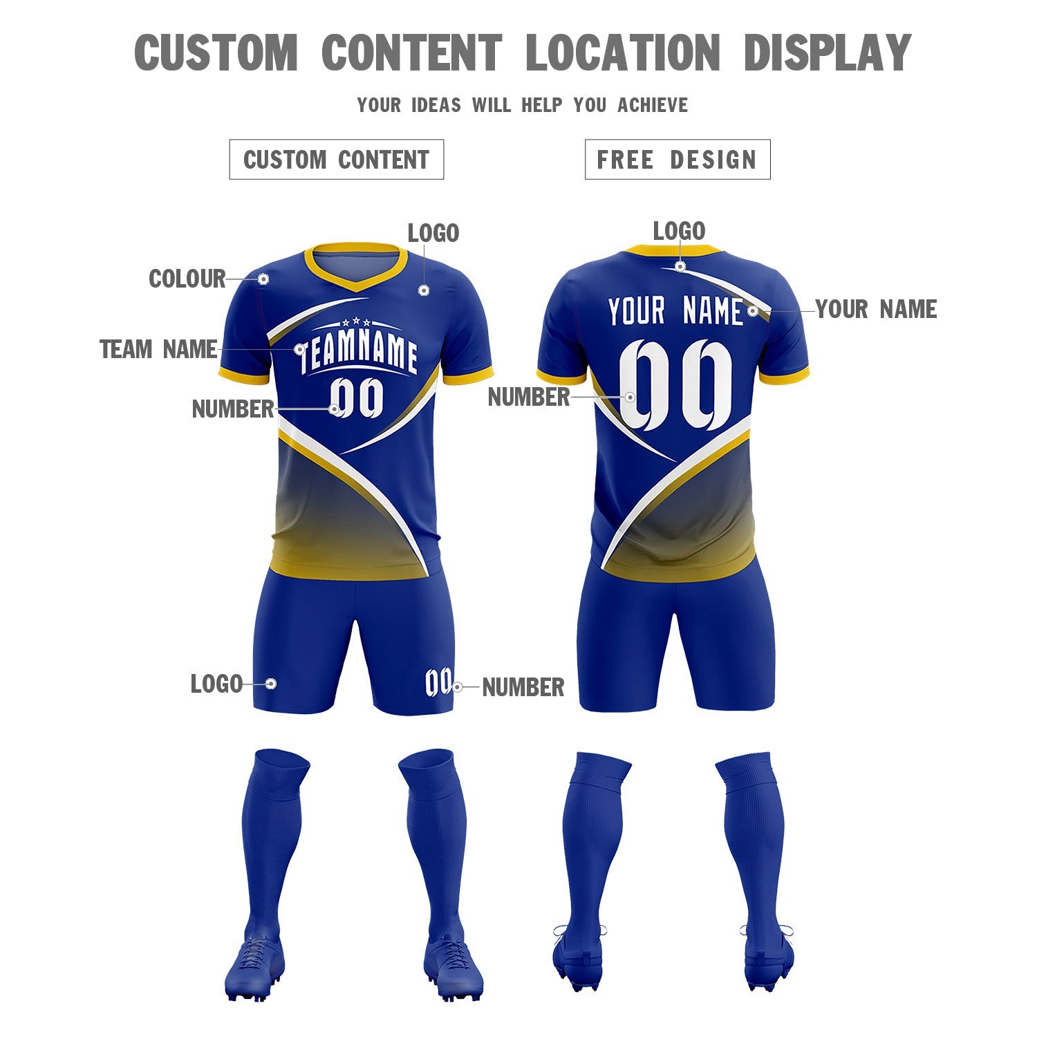 Custom Royal Gold Color Block Training Uniform For Men Soccer Sets Jersey