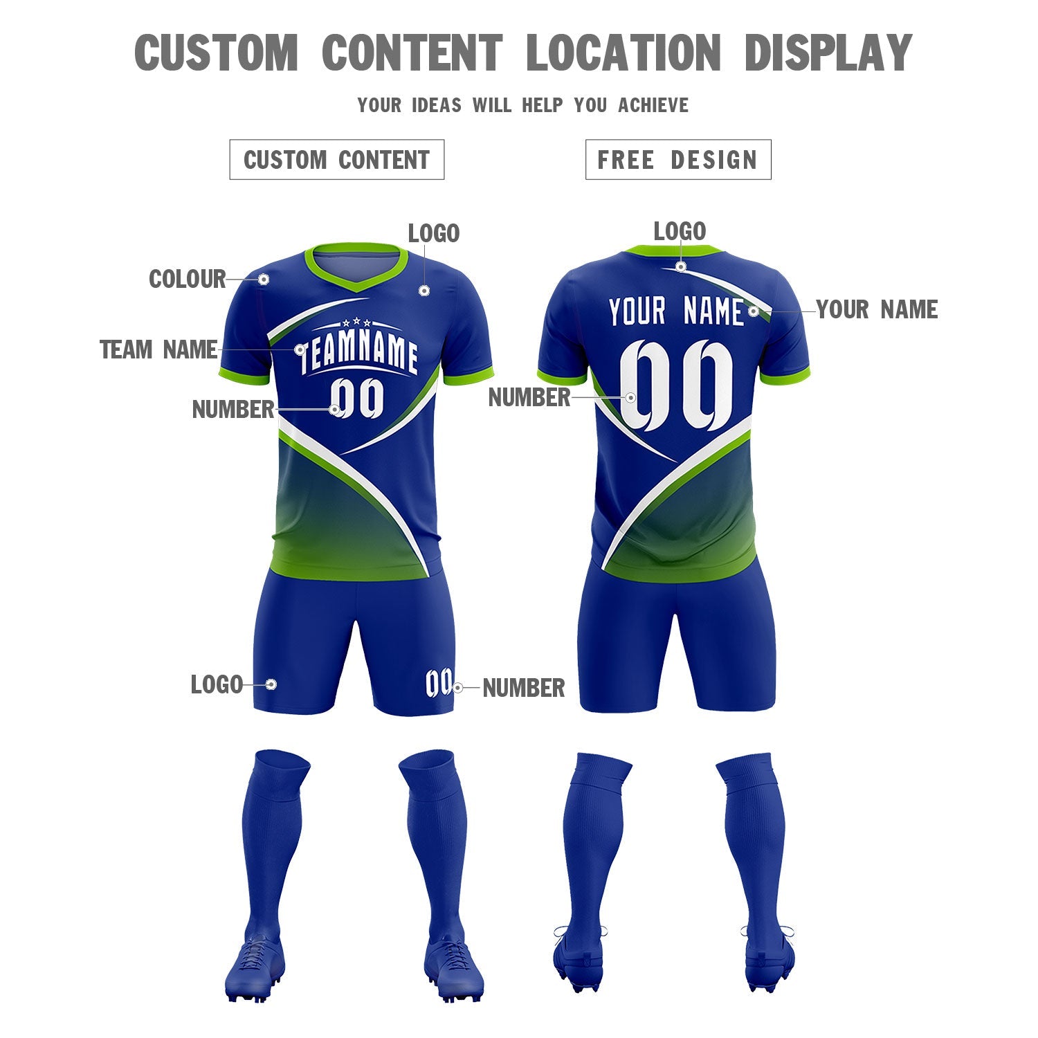 Custom Royal Neon Green Color Block Training Uniform For Men Soccer Sets Jersey