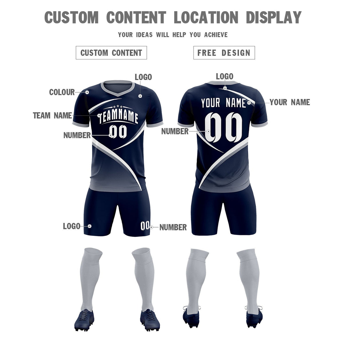 Custom Navy Gray Color Block Training Uniform For Men Soccer Sets Jersey