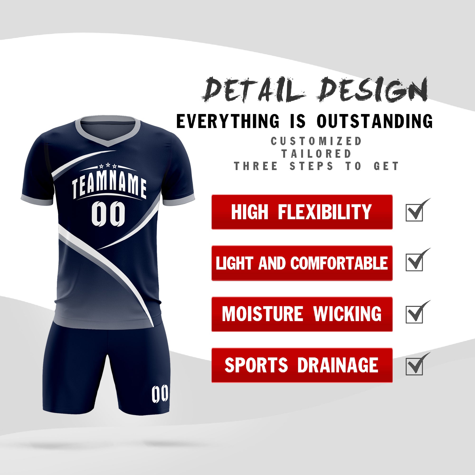 Custom Navy Gray Color Block Training Uniform For Men Soccer Sets Jersey