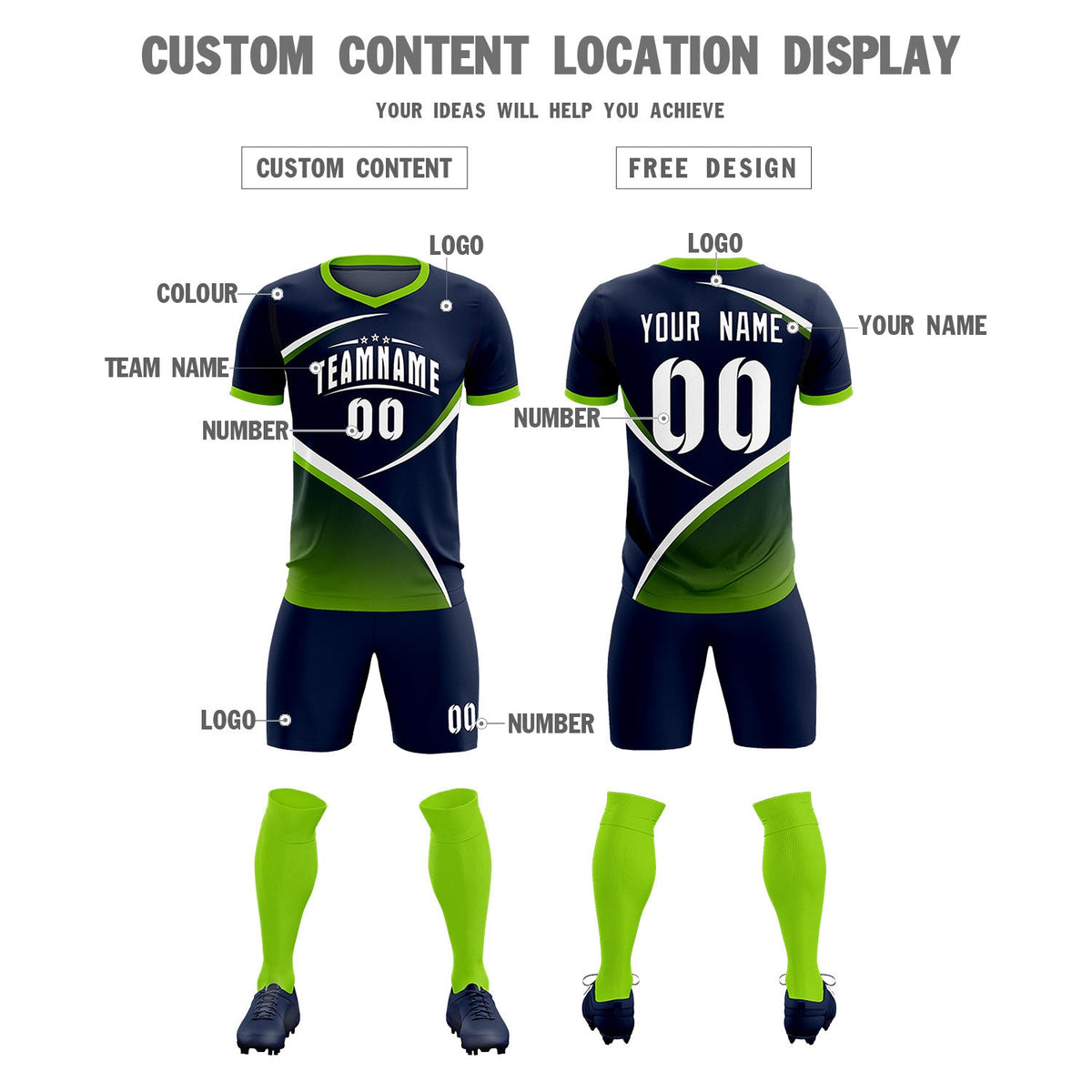 Custom Navy Neon Green Color Block Training Uniform For Men Soccer Sets Jersey