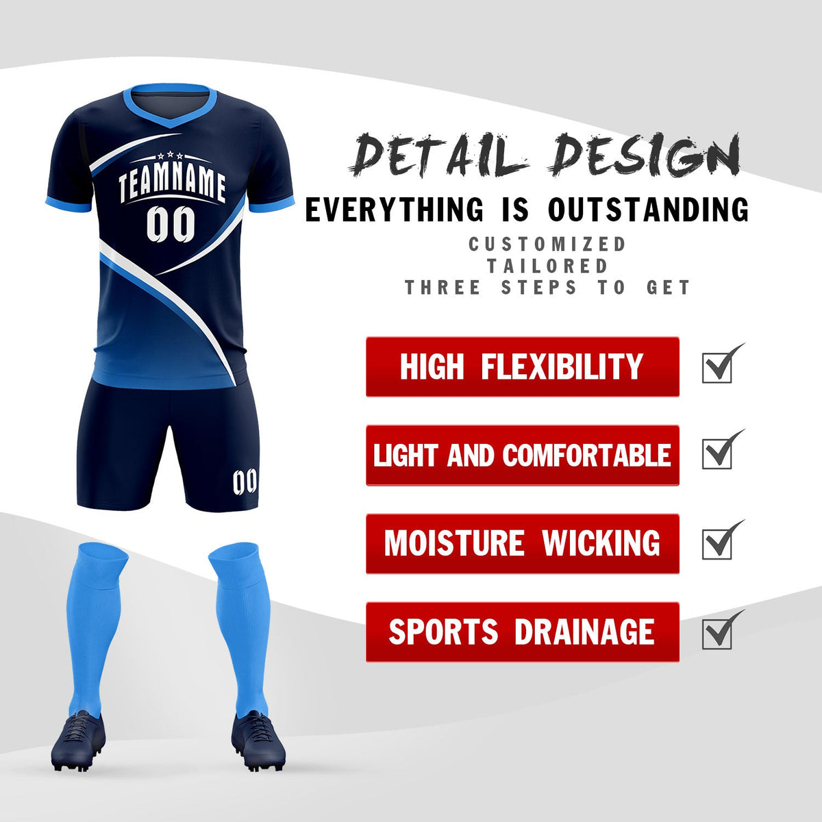 Custom Navy Powder Blue Color Block Training Uniform For Men Soccer Sets Jersey