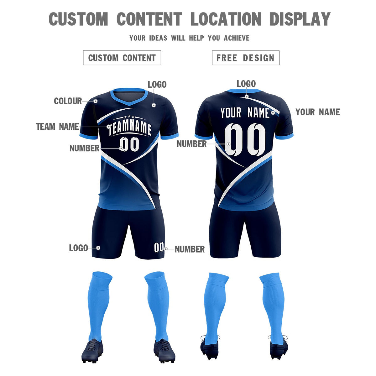 Custom Navy Powder Blue Color Block Training Uniform For Men Soccer Sets Jersey