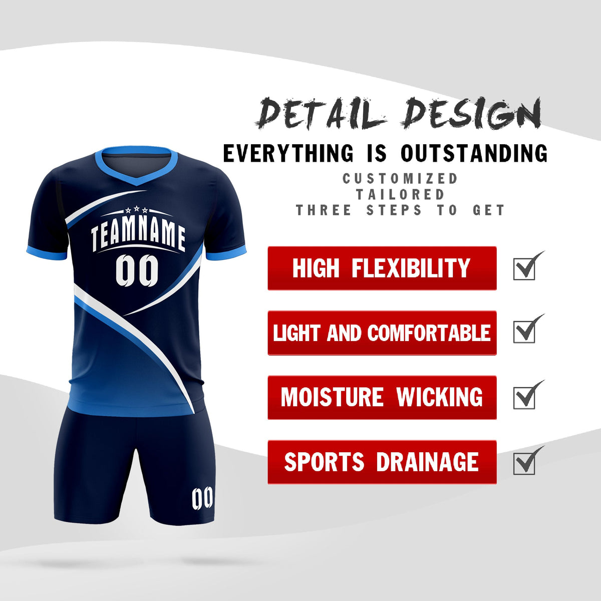 Custom Navy Powder Blue Color Block Training Uniform For Men Soccer Sets Jersey