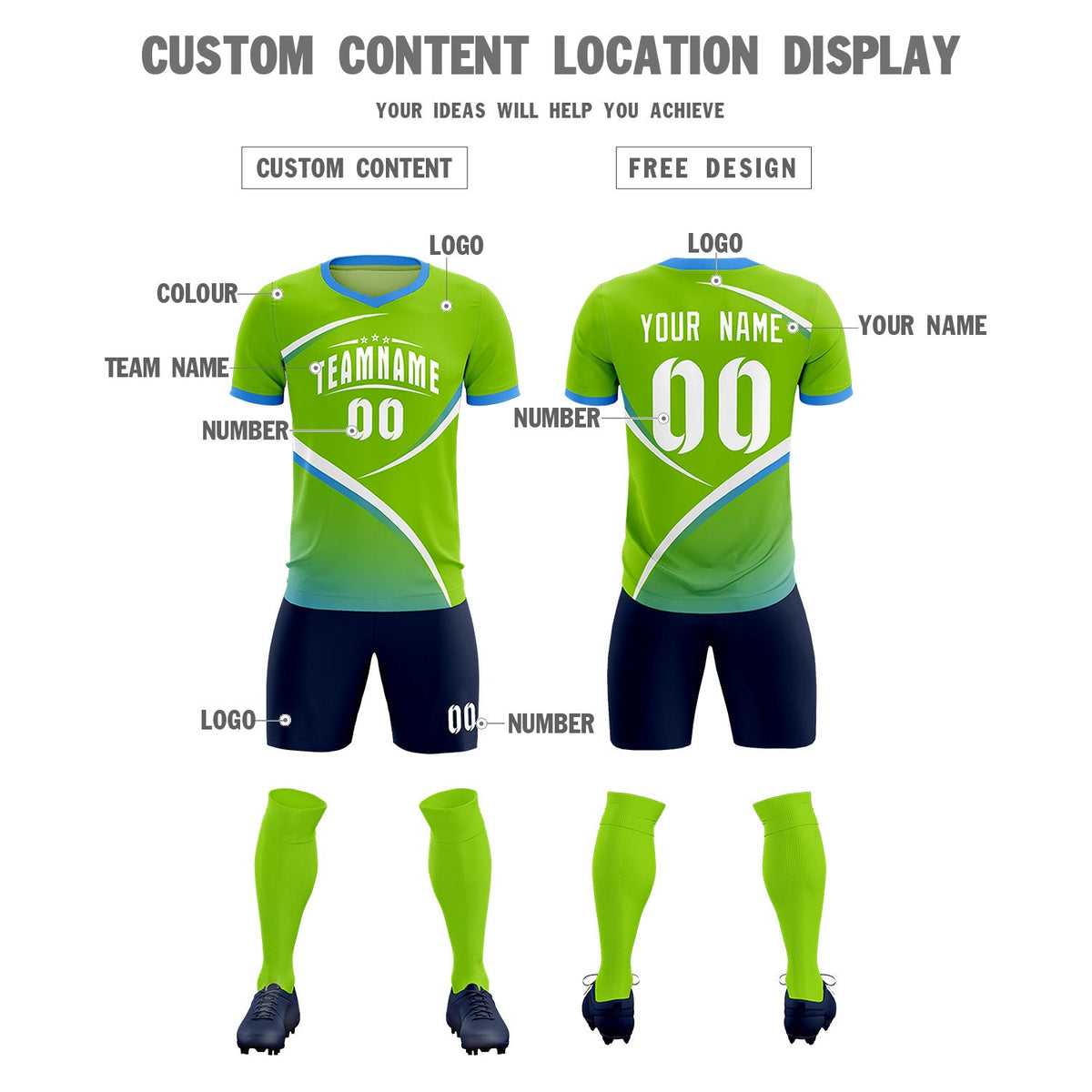 Custom Neon Green Powder Blue Color Block Training Uniform For Men Soccer Sets Jersey