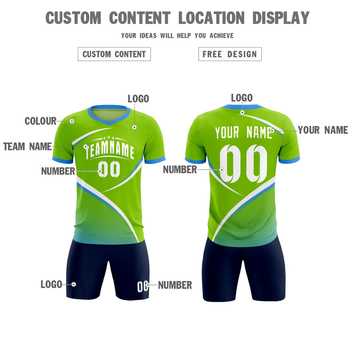 Custom Neon Green Powder Blue Color Block Training Uniform For Men Soccer Sets Jersey