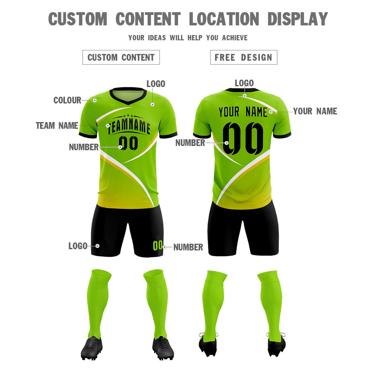 Custom Neon Green Black Color Block Training Uniform For Men Soccer Sets Jersey
