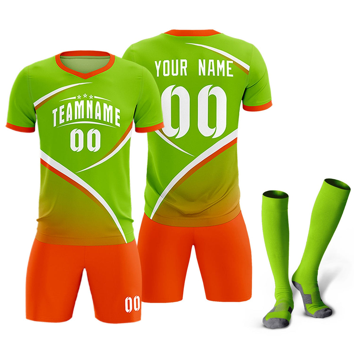 Custom Neon Green Orange Color Block Training Uniform For Men Soccer Sets Jersey