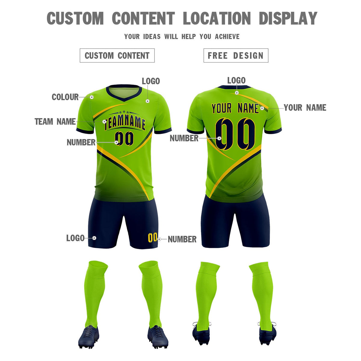 Custom Neon Green Navy Color Block Training Uniform For Men Soccer Sets Jersey