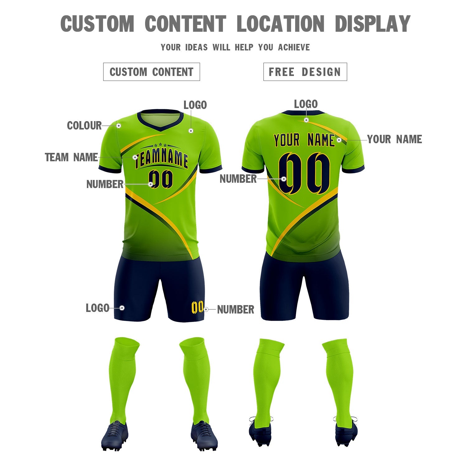 Custom Neon Green Navy Color Block Training Uniform For Men Soccer Sets Jersey