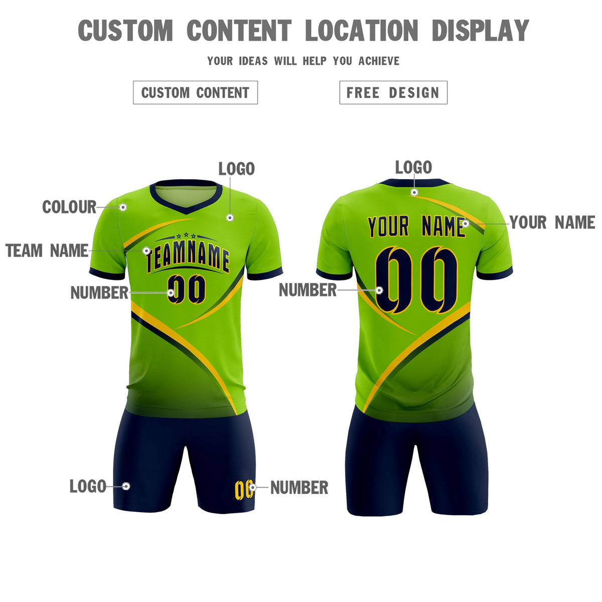 Custom Neon Green Navy Color Block Training Uniform For Men Soccer Sets Jersey