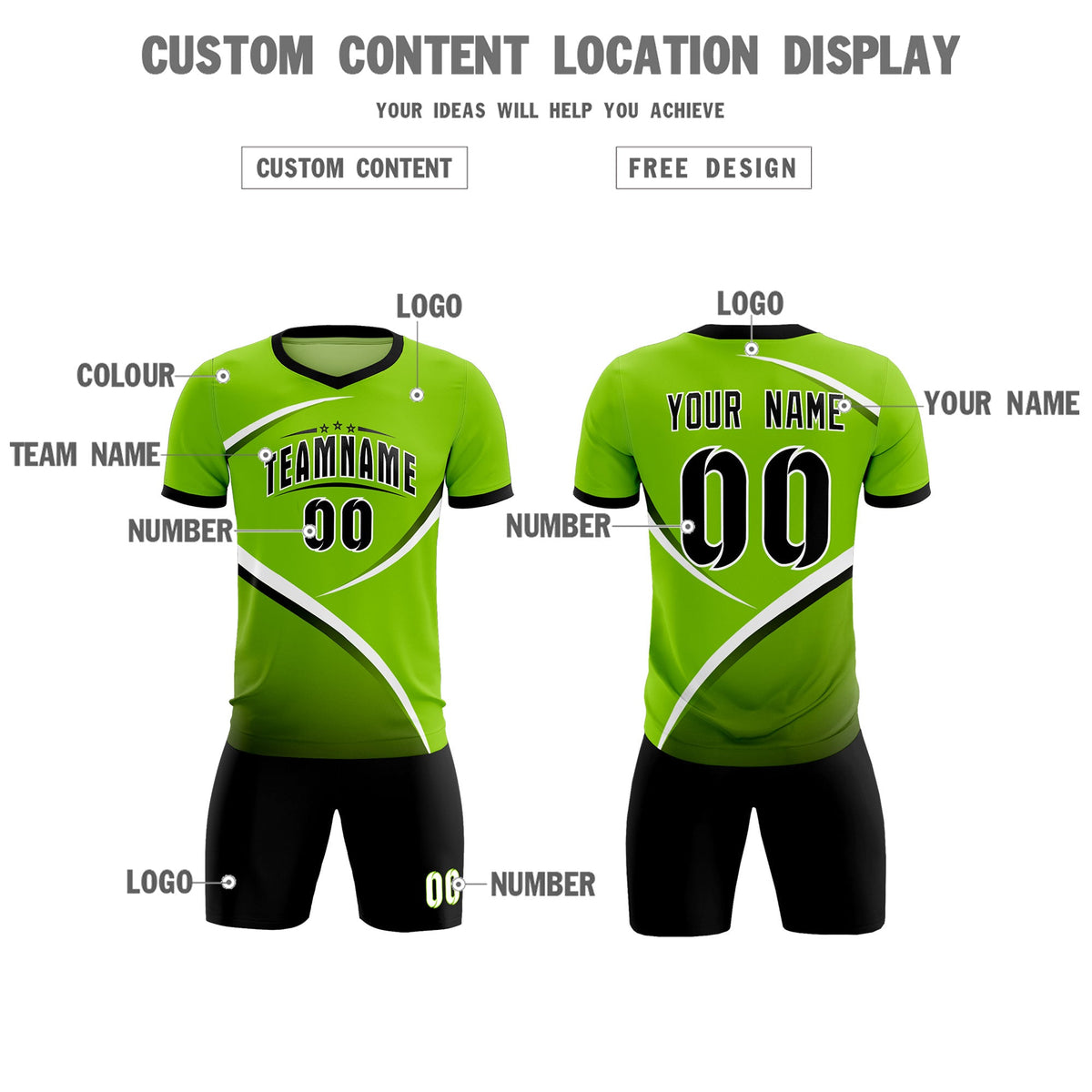 Custom Neon Green Black Color Block Training Uniform For Men Soccer Sets Jersey