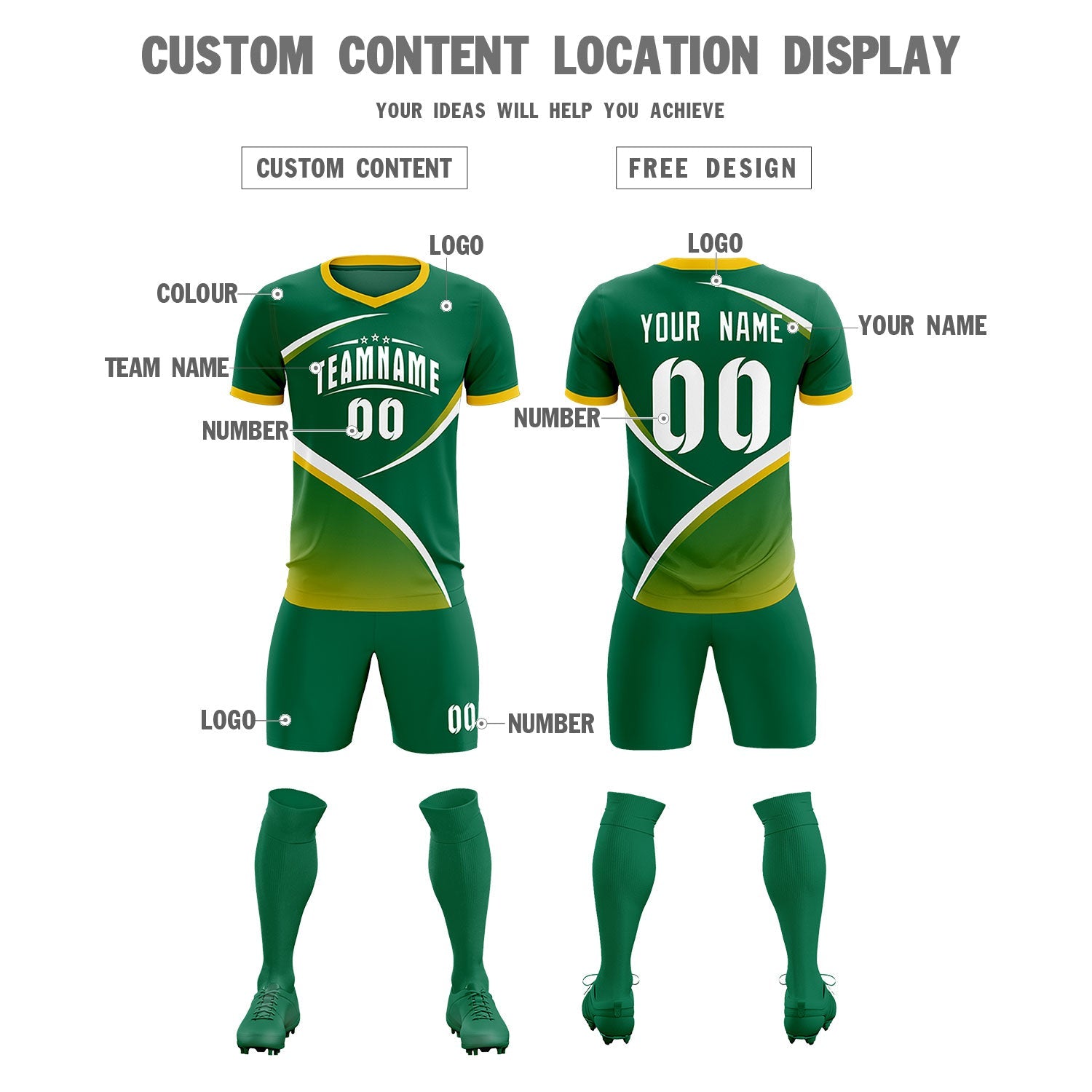 Custom Kelly Green Gold Color Block Training Uniform For Men Soccer Sets Jersey