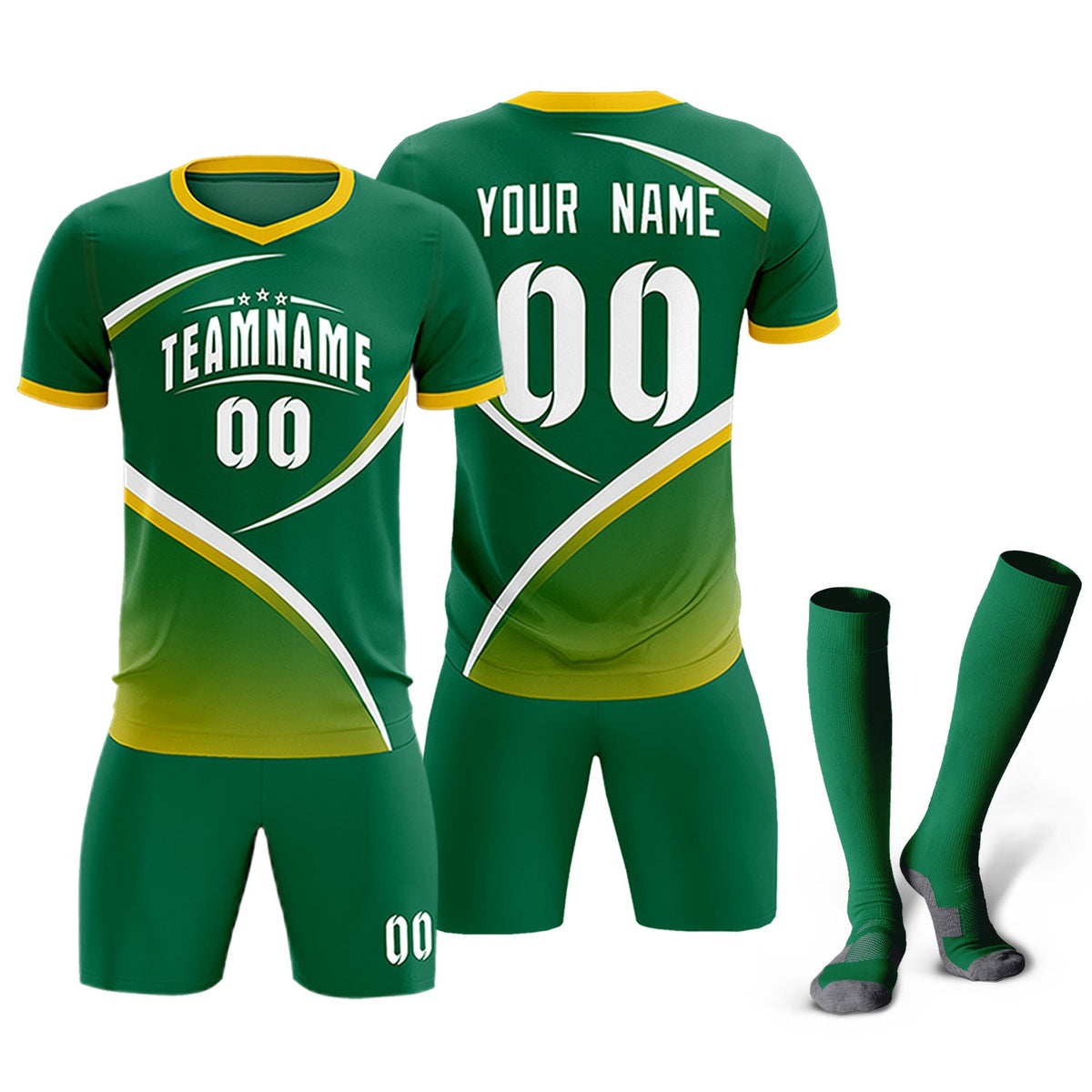 Custom Kelly Green Gold Color Block Training Uniform For Men Soccer Sets Jersey