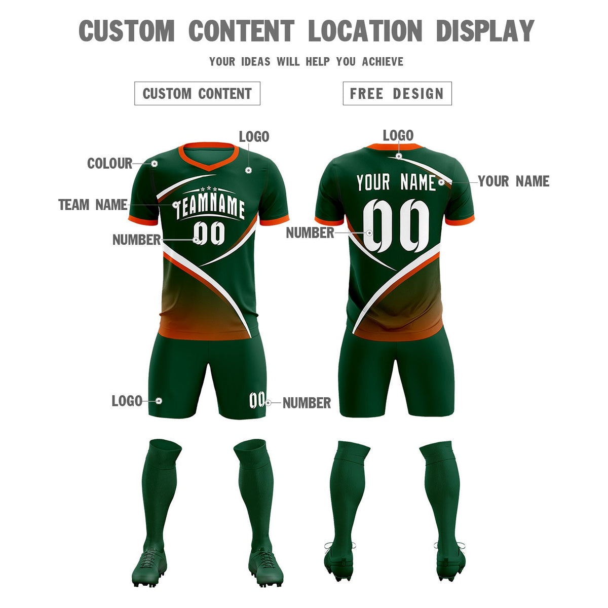 Custom Green Orange Color Block Training Uniform For Men Soccer Sets Jersey