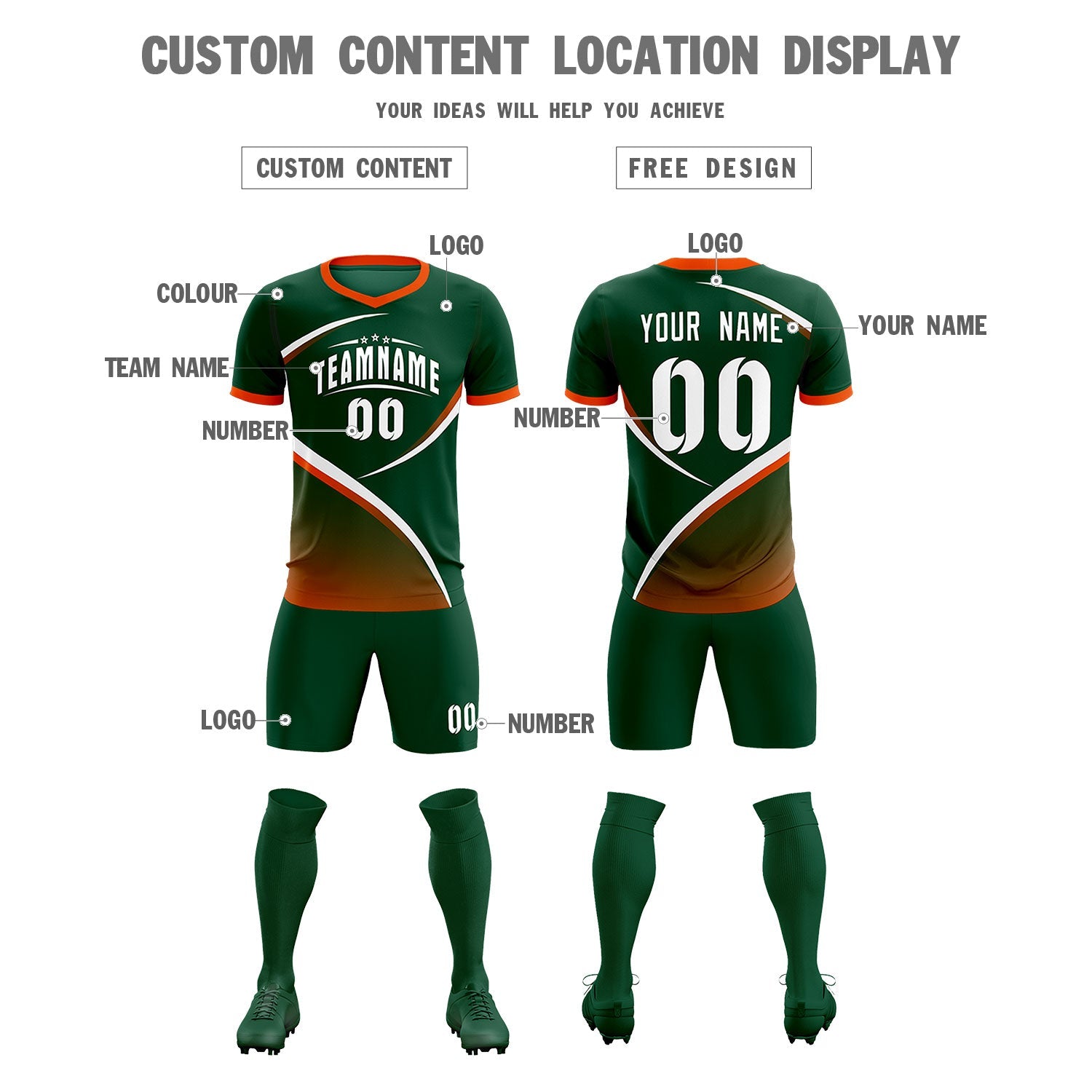 Custom Green Orange Color Block Training Uniform For Men Soccer Sets Jersey