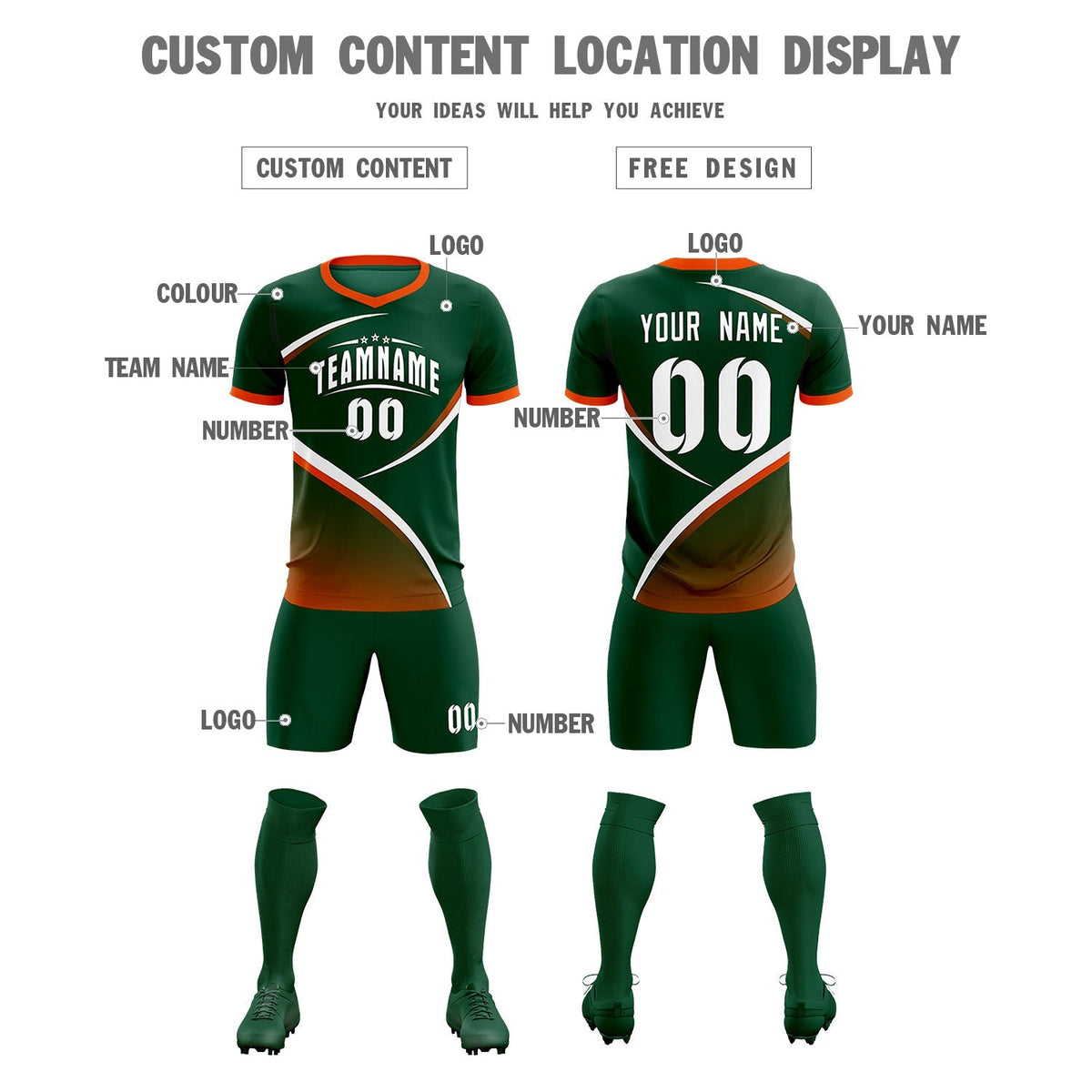 Custom Green Orange Color Block Training Uniform For Men Soccer Sets Jersey