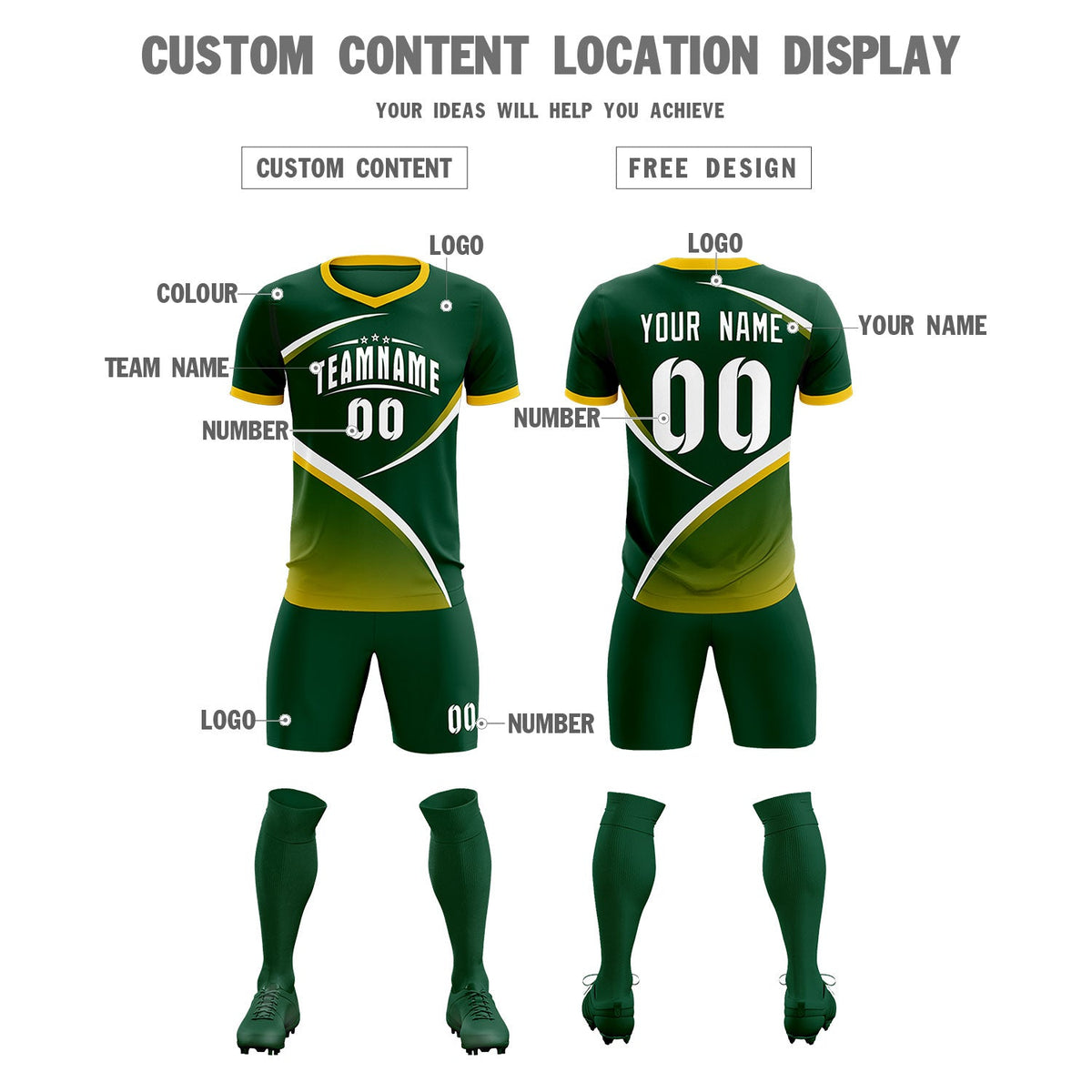 Custom Green Gold Color Block Training Uniform For Men Soccer Sets Jersey