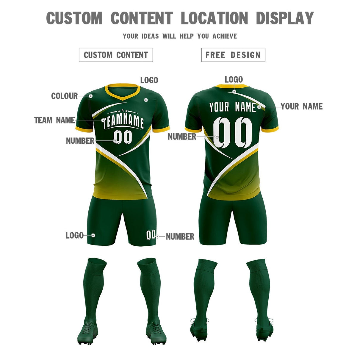 Custom Green Gold Color Block Training Uniform For Men Soccer Sets Jersey