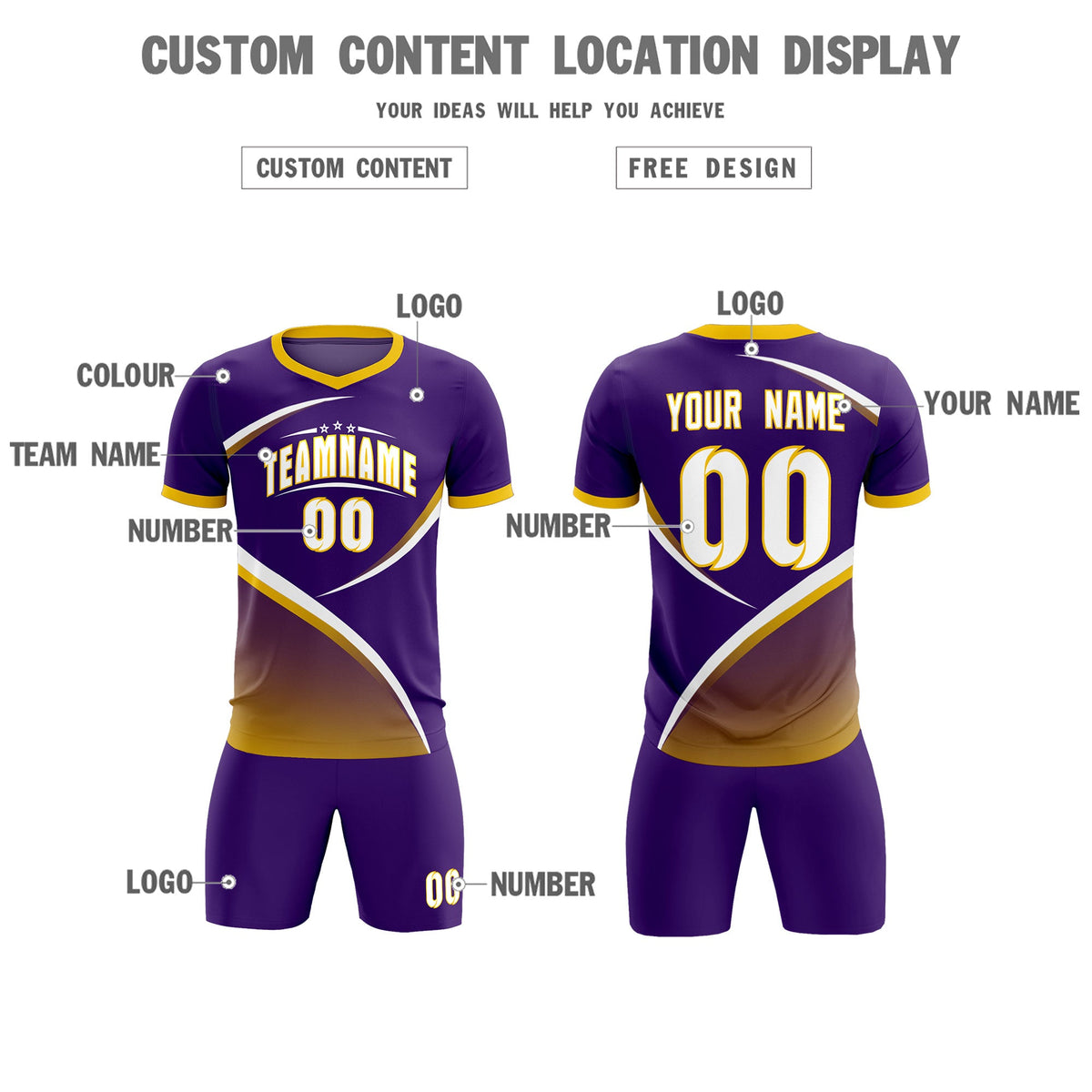 Custom Purple Gold Color Block Training Uniform For Men Soccer Sets Jersey