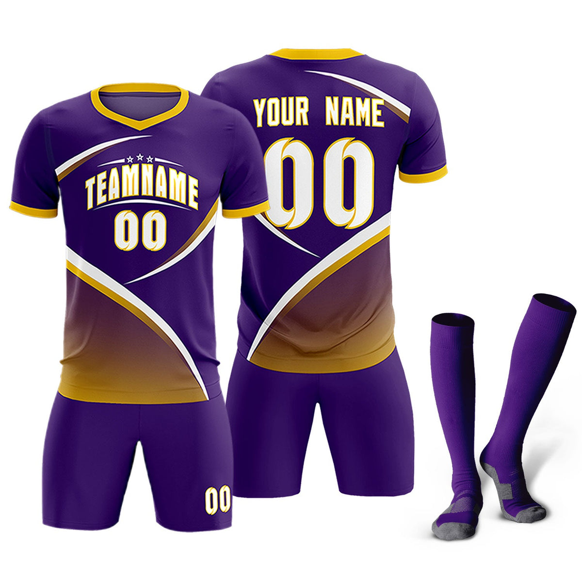 Custom Purple Gold Color Block Training Uniform For Men Soccer Sets Jersey