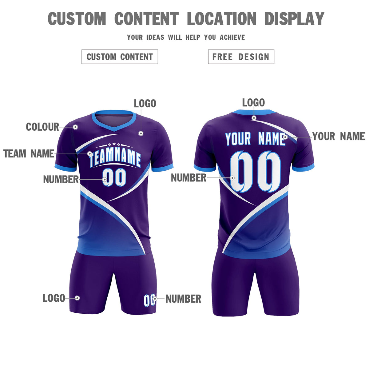 Custom Purple Powder Blue Color Block Training Uniform For Men Soccer Sets Jersey