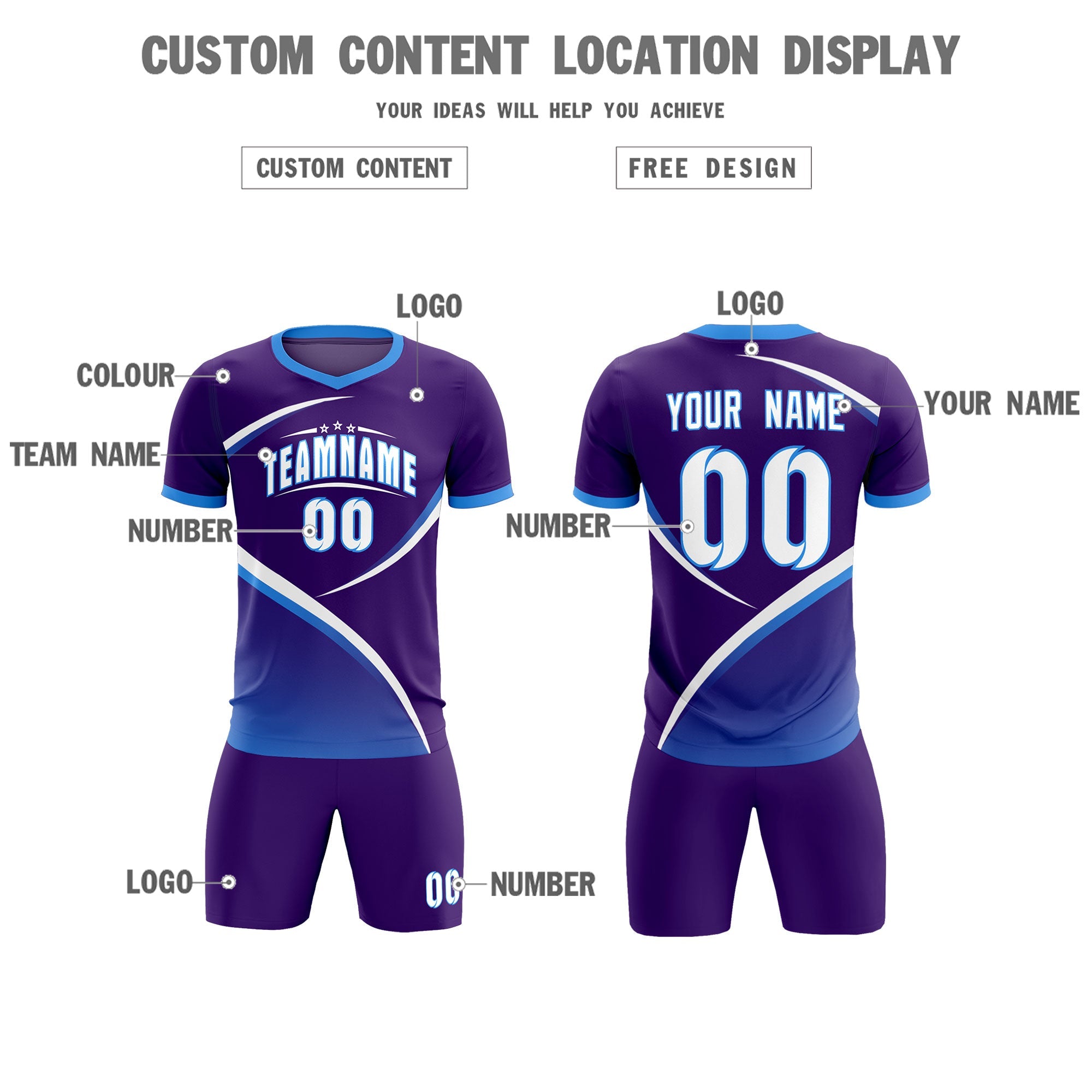 Custom Purple Powder Blue Color Block Training Uniform For Men Soccer Sets Jersey