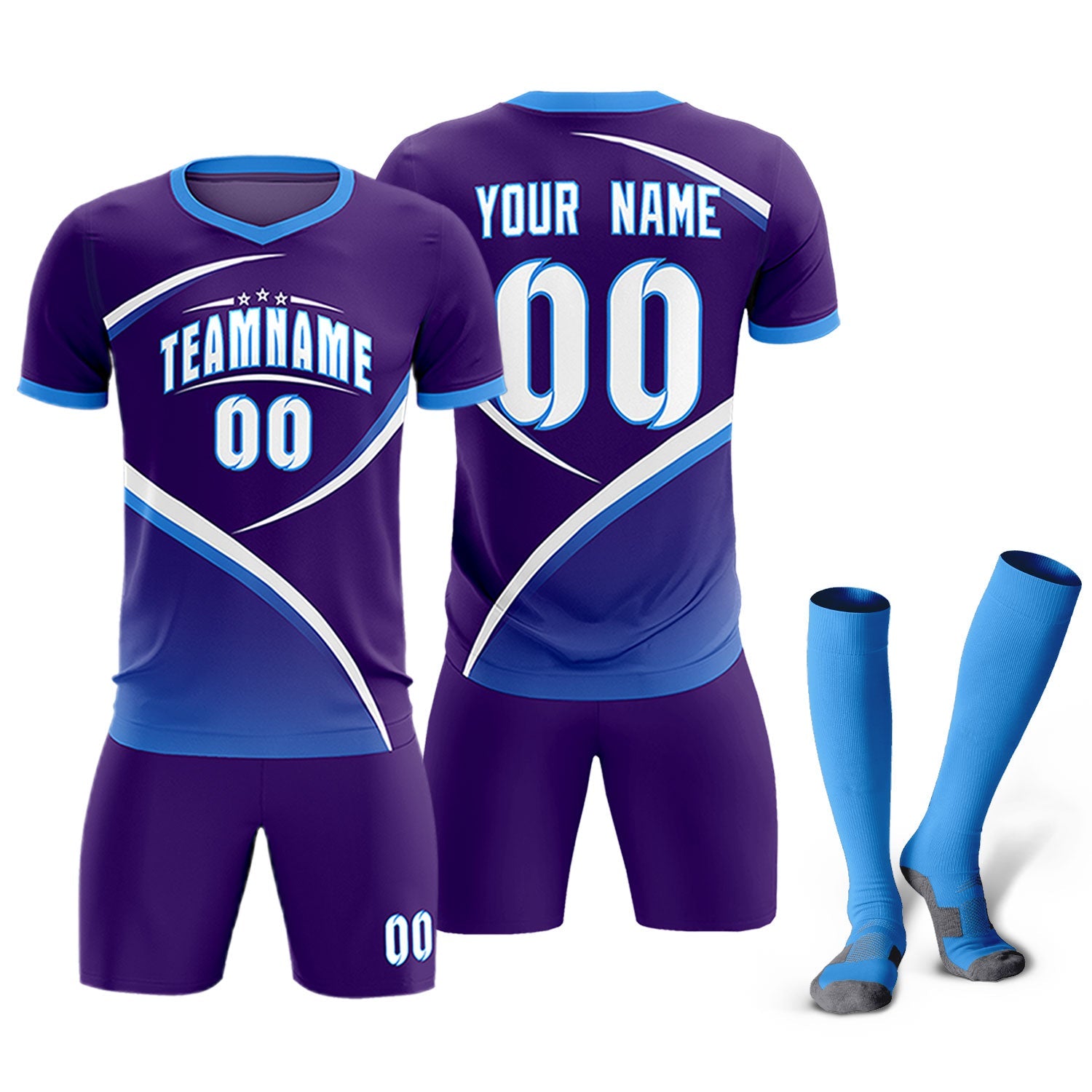 Custom Purple Powder Blue Color Block Training Uniform For Men Soccer Sets Jersey