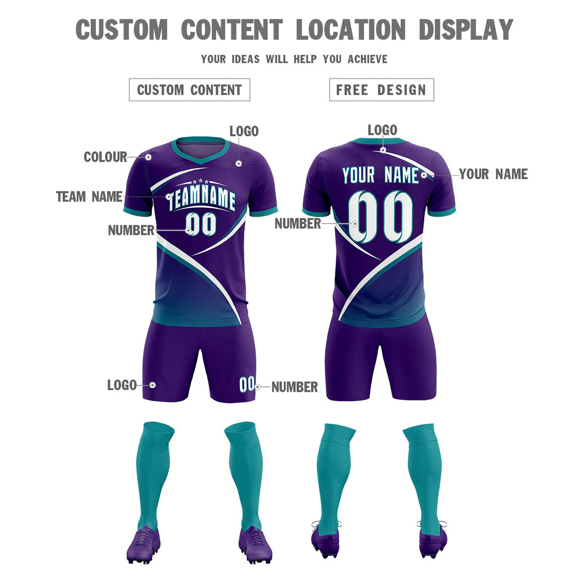 Custom Purple Aqua Color Block Training Uniform For Men Soccer Sets Jersey