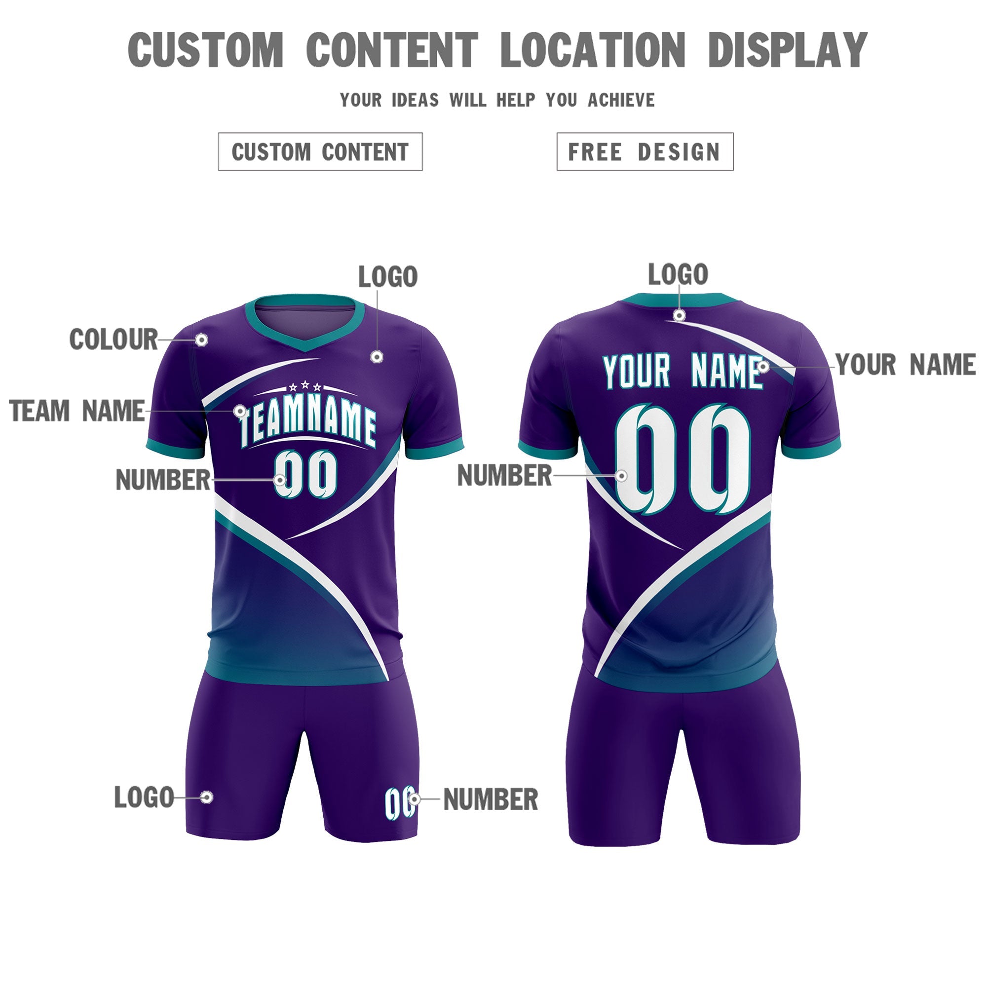 Custom Purple Aqua Color Block Training Uniform For Men Soccer Sets Jersey