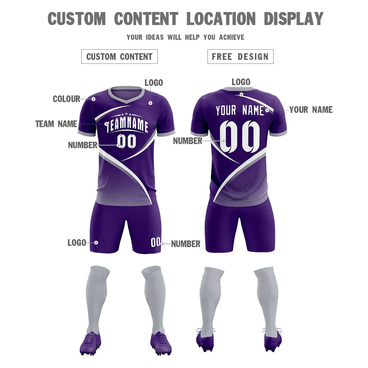 Custom Purple Gray Color Block Training Uniform For Men Soccer Sets Jersey