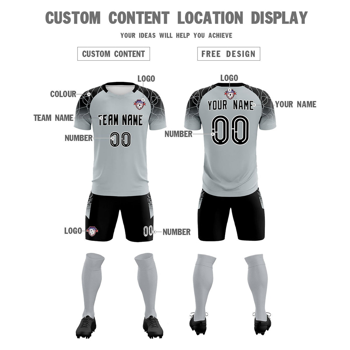Custom Silver Classic Football Training Kit Jersey For Adults/Kids