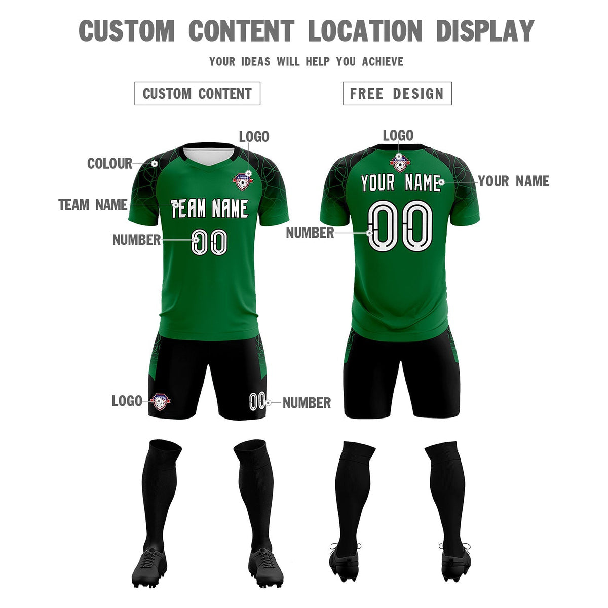 Custom Kelly Green Classic Football Training Kit Jersey For Adults/Kids