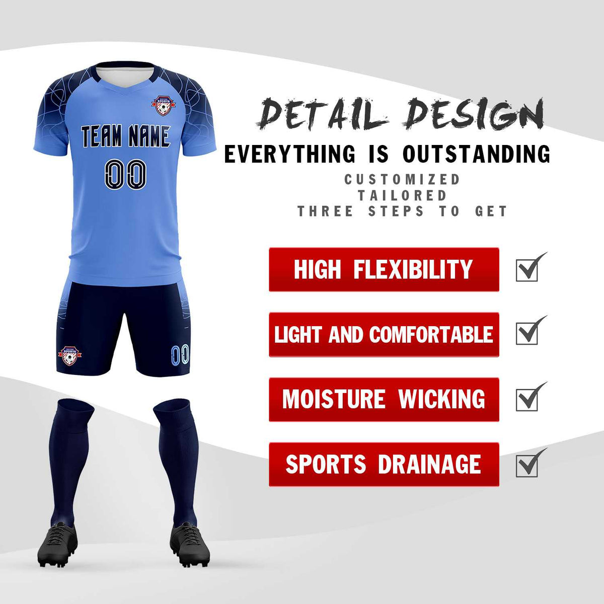 Custom Light Blue Classic Football Training Kit Jersey For Adults/Kids