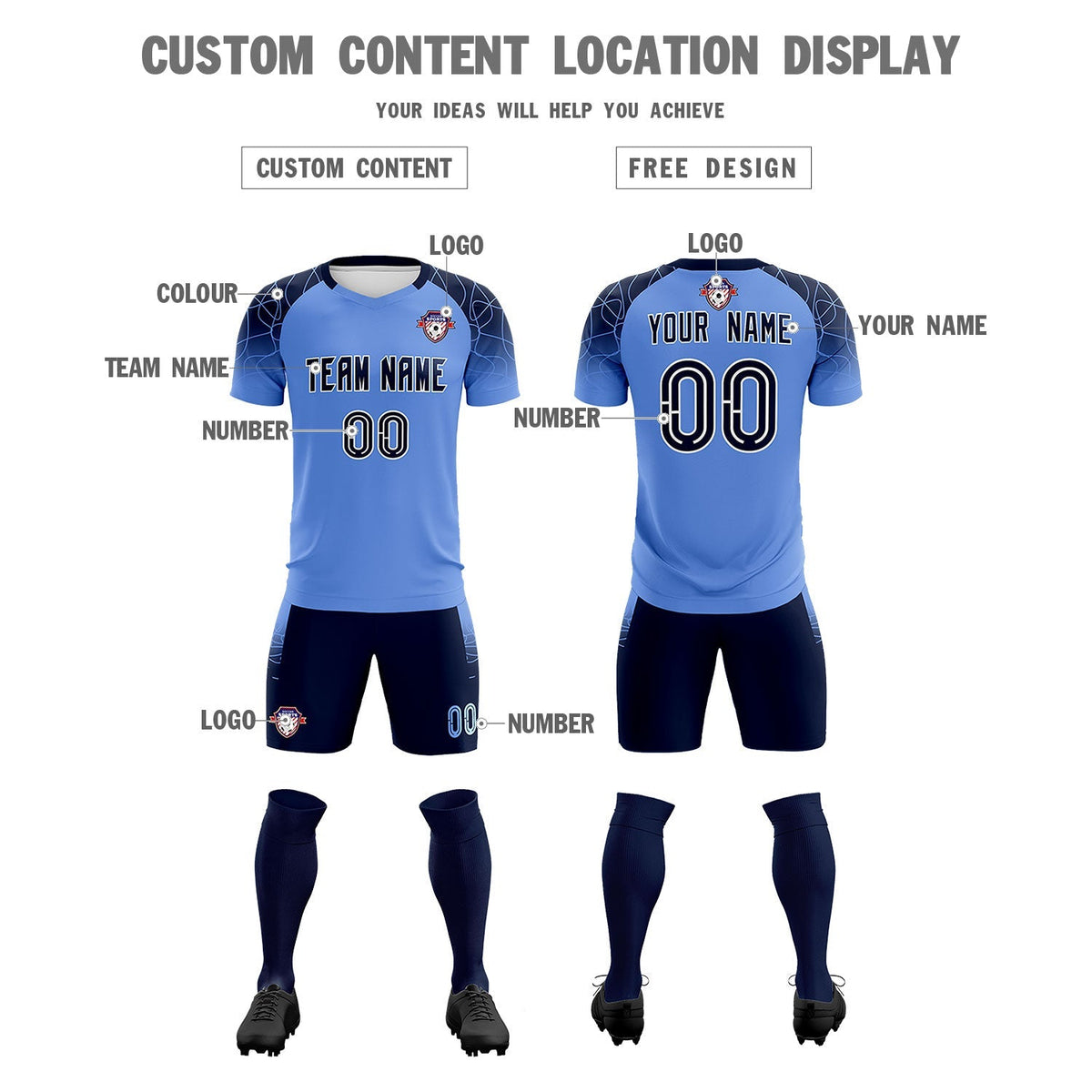 Custom Light Blue Classic Football Training Kit Jersey For Adults/Kids