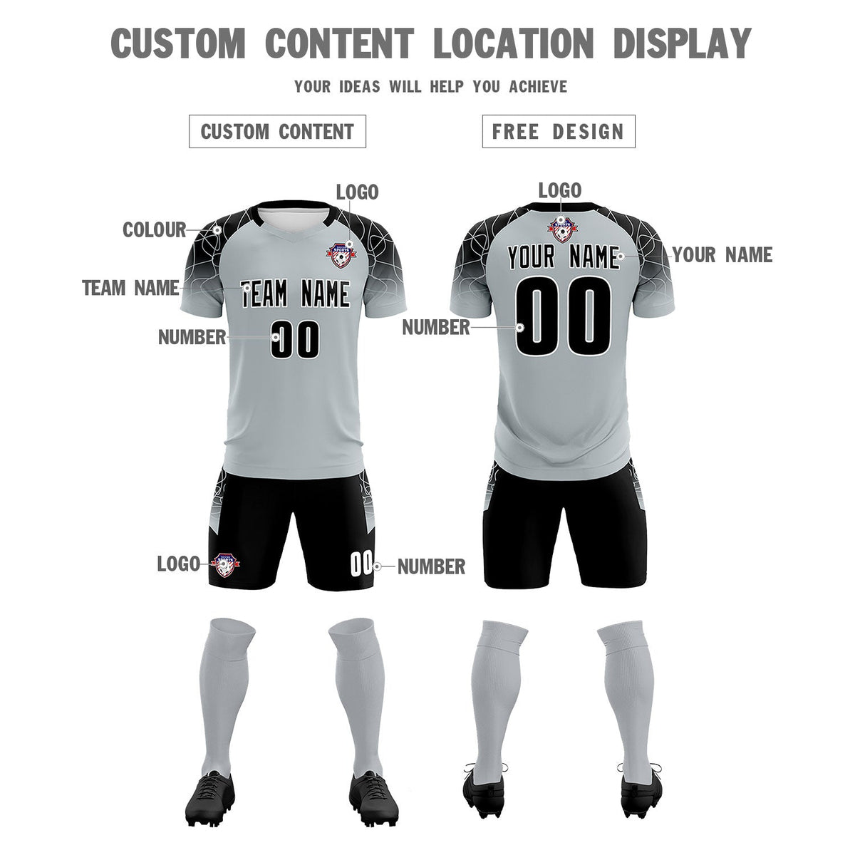 Custom Silver Classic Football Training Kit Jersey For Adults/Kids