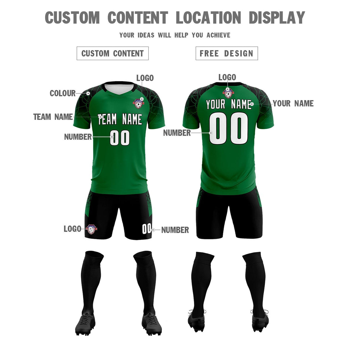 Custom Kelly Green Classic Football Training Kit Jersey For Adults/Kids