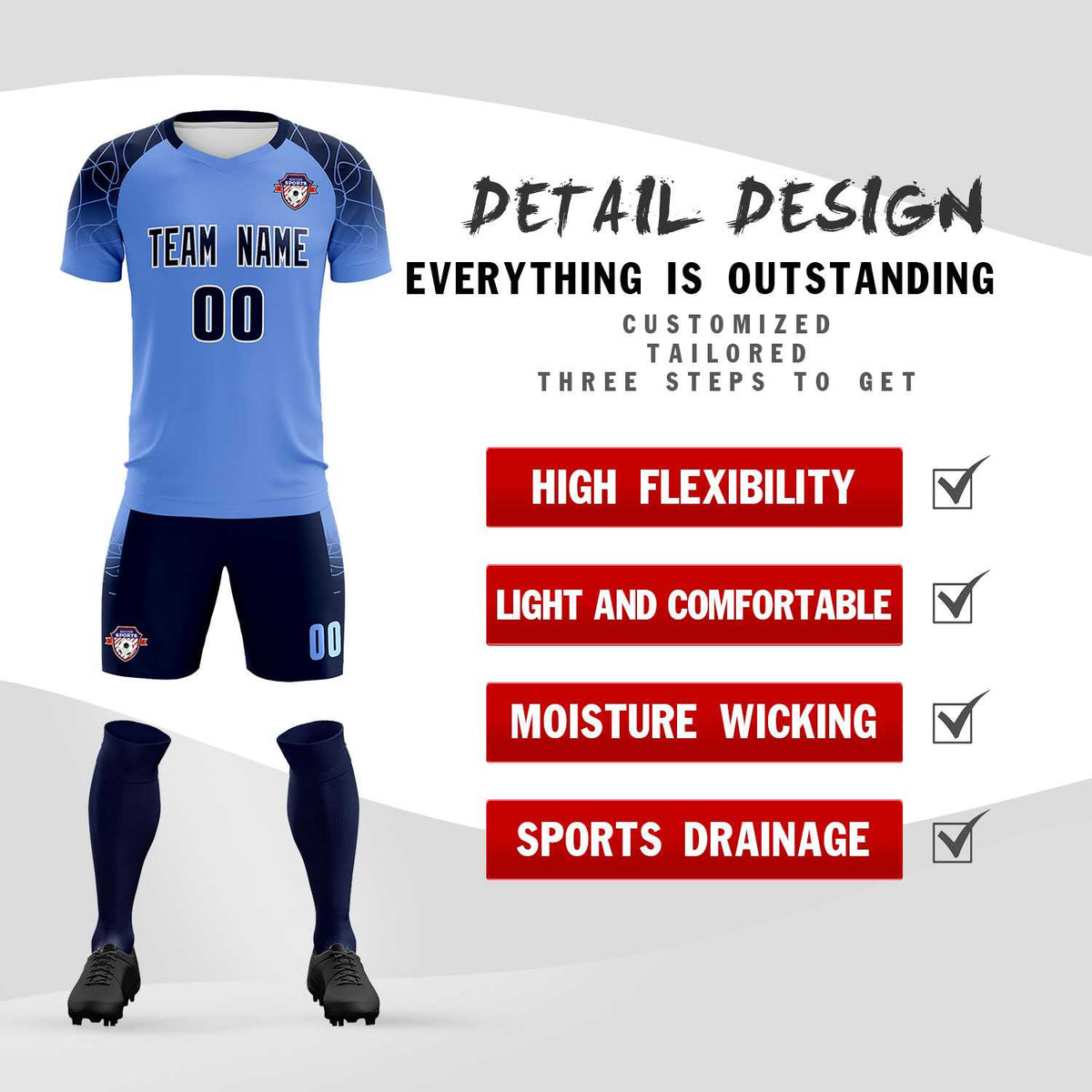 Custom Light Blue Classic Football Training Kit Jersey For Adults/Kids