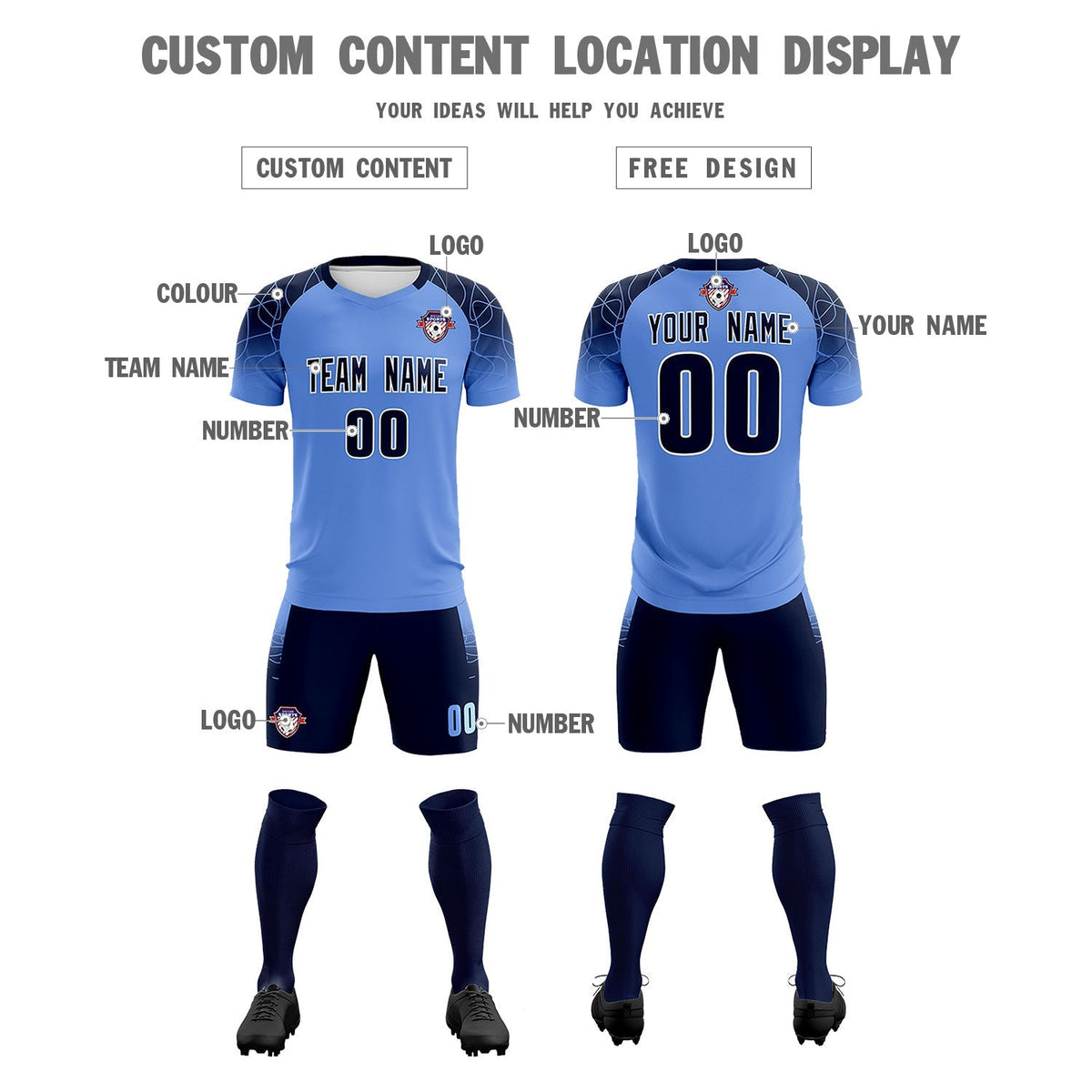 Custom Light Blue Classic Football Training Kit Jersey For Adults/Kids