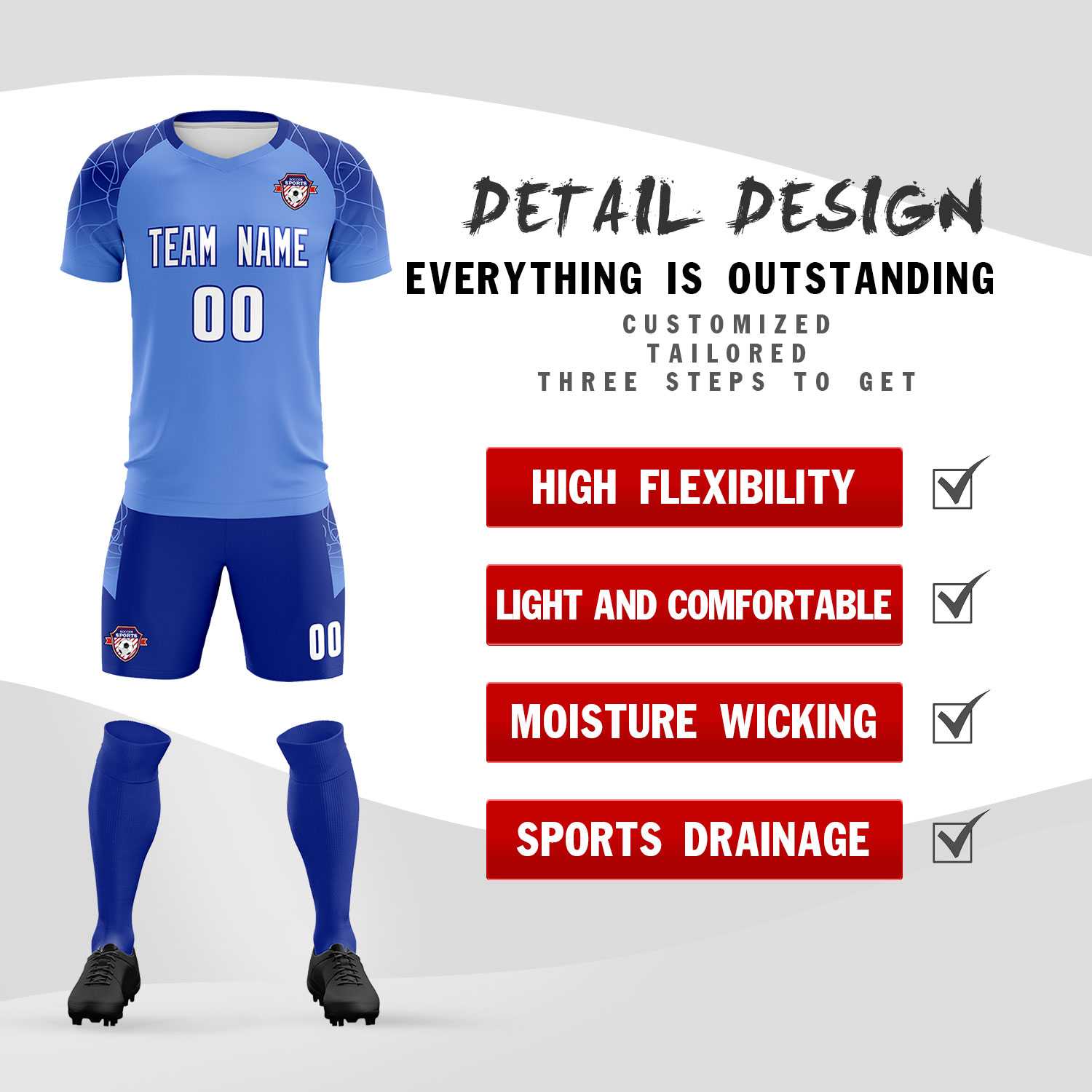 Custom Light Blue Classic Football Training Kit Jersey For Adults/Kids