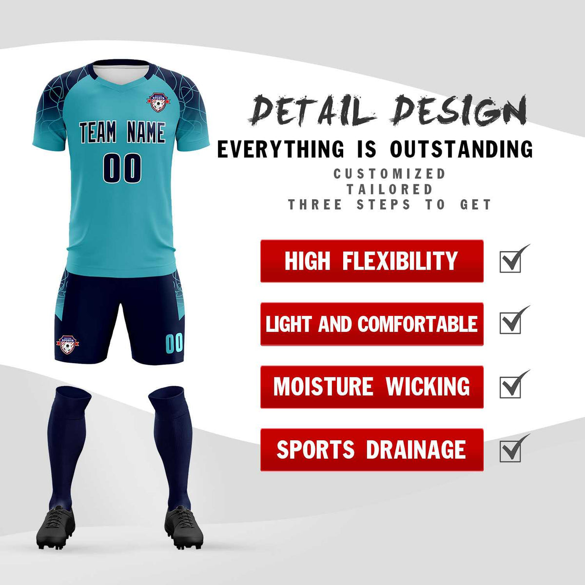 Custom Sky Blue Classic Football Training Kit Jersey For Adults/Kids