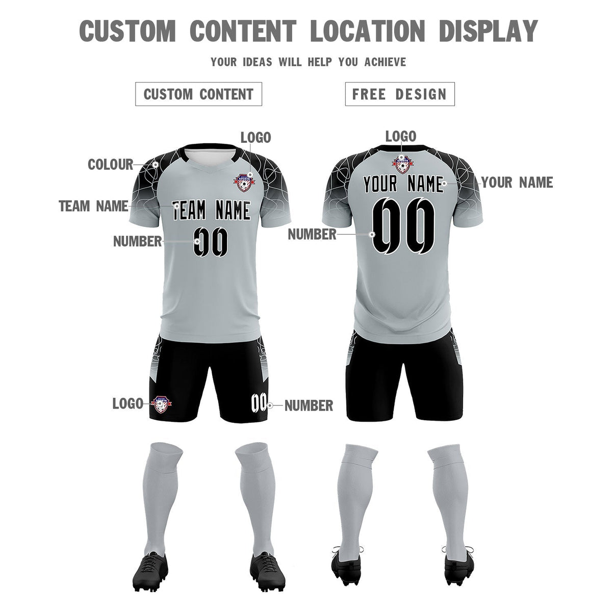 Custom Silver Classic Football Training Kit Jersey For Adults/Kids