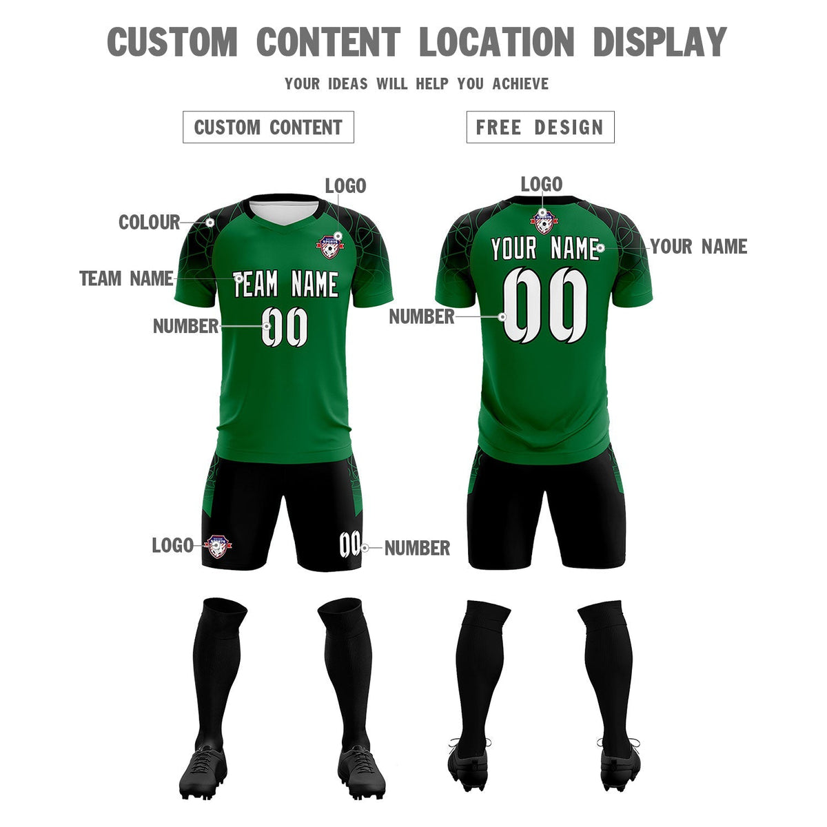 Custom Kelly Green Classic Football Training Kit Jersey For Adults/Kids