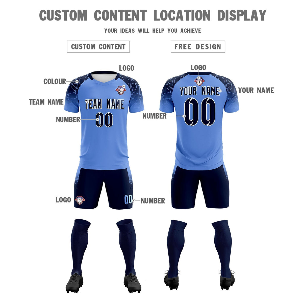 Custom Light Blue Classic Football Training Kit Jersey For Adults/Kids