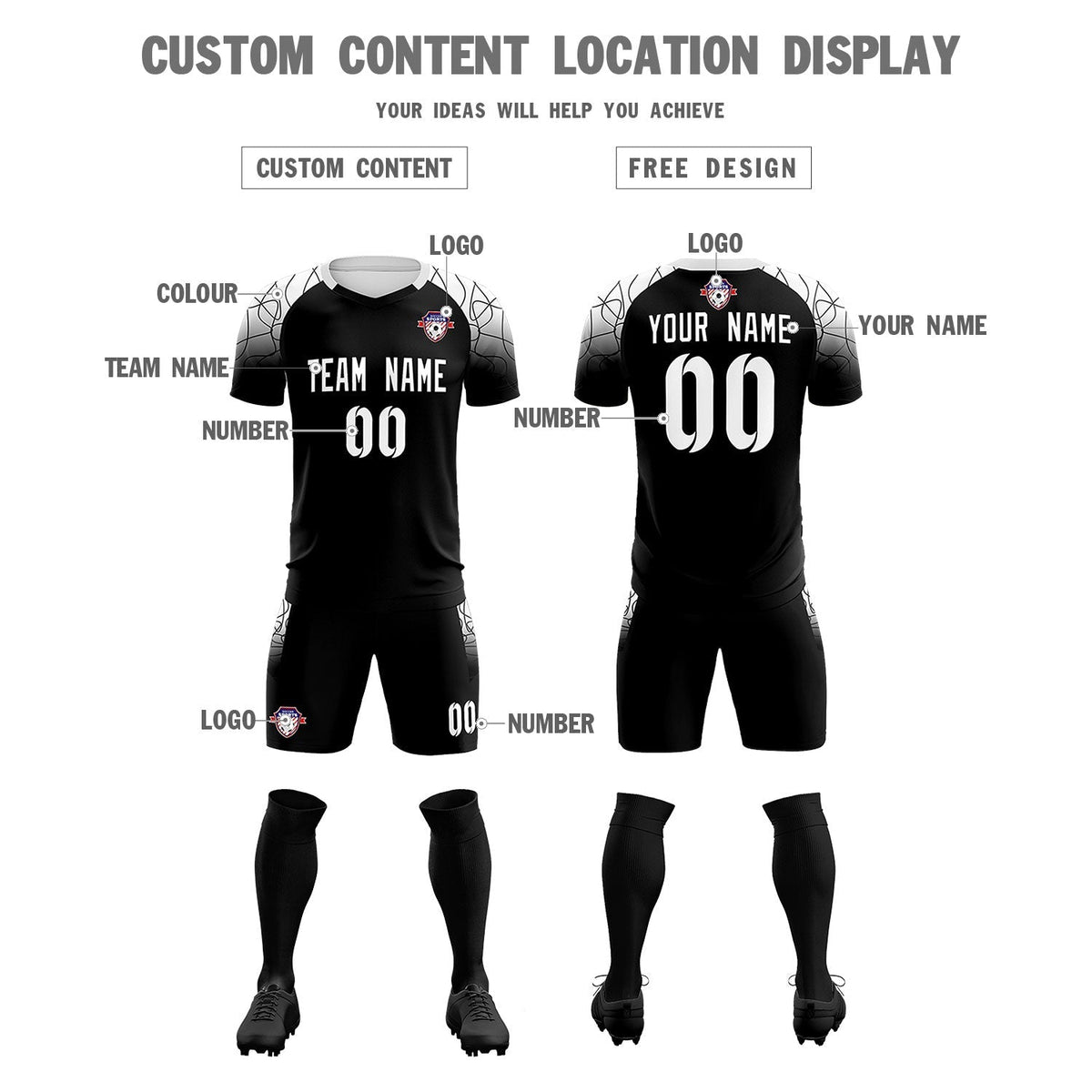 Custom Black Classic Football Training Kit Jersey For Adults/Kids