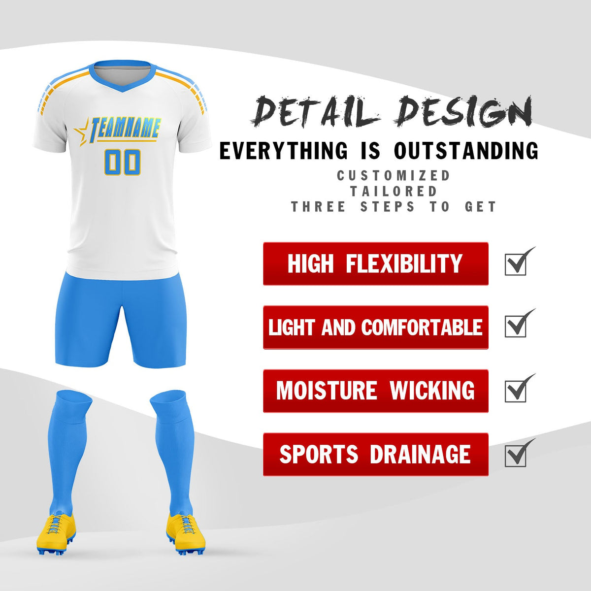 Custom White Raglan Shoulder Striped Football Kit Jersey