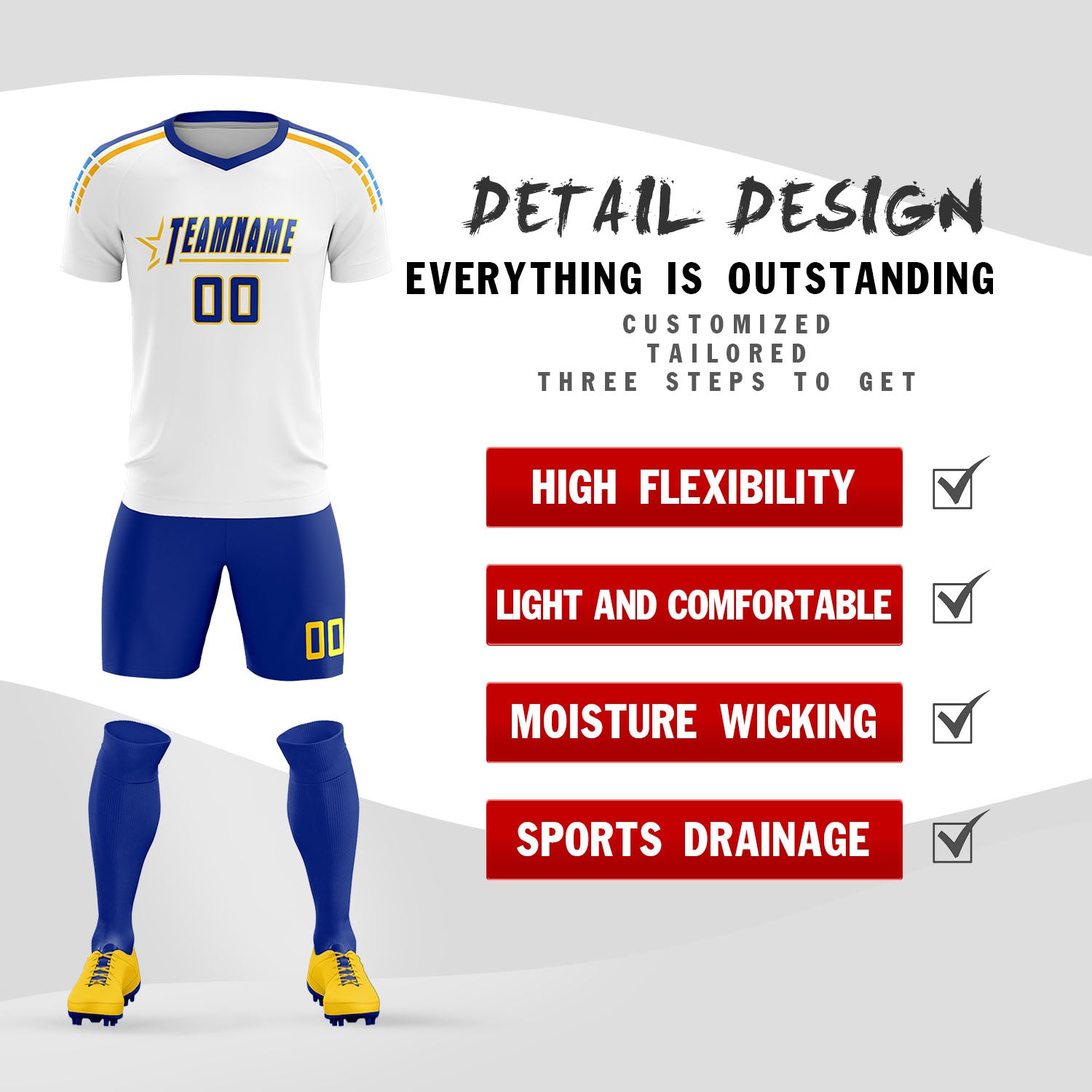 Custom White Raglan Shoulder Striped Football Kit Jersey