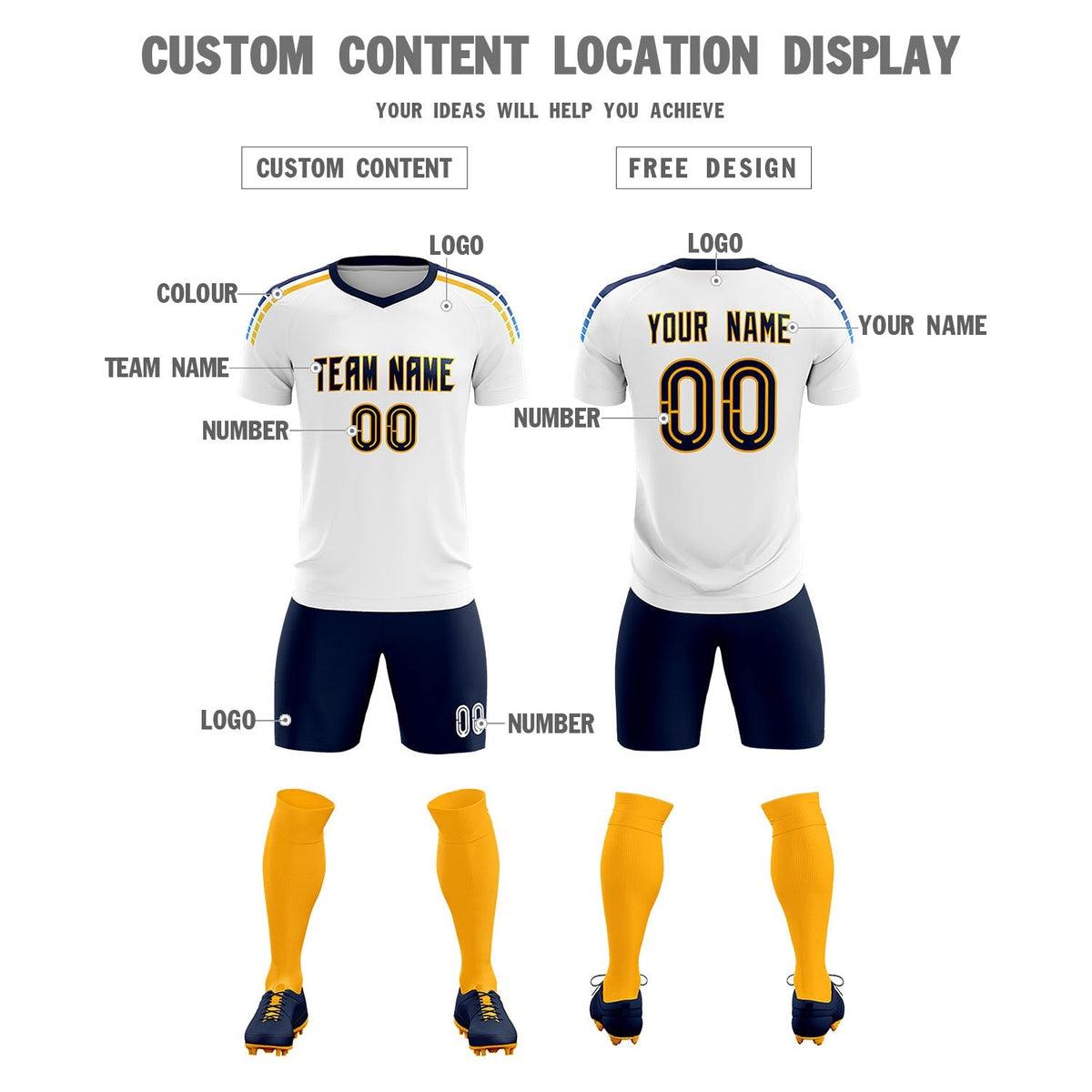 Custom White Raglan Shoulder Striped Football Kit Jersey