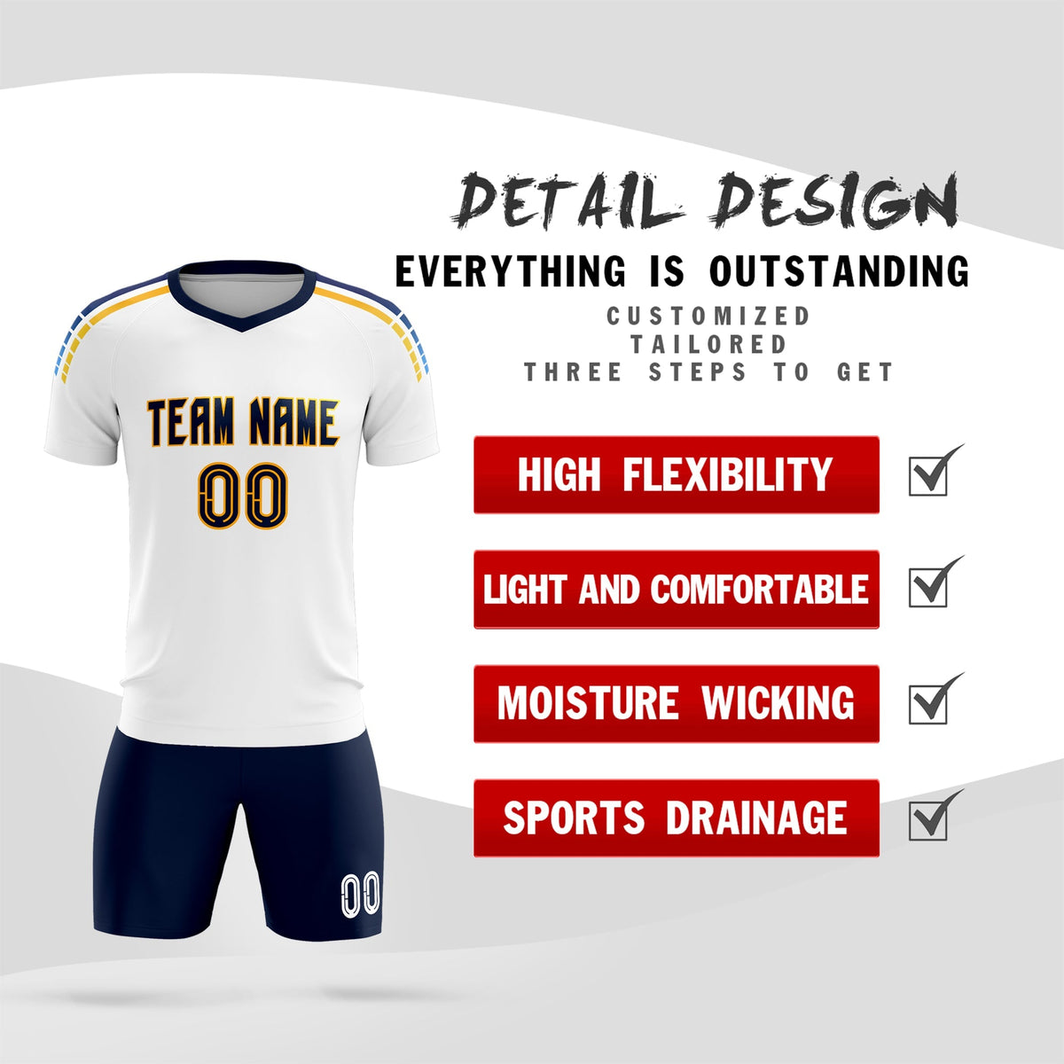 Custom White Raglan Shoulder Striped Football Kit Jersey